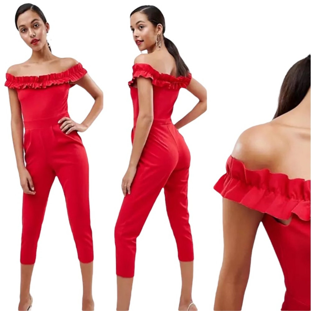 Outrageous Fortune Ruffle Bardot Detail Jumpsuit in Red Size US4